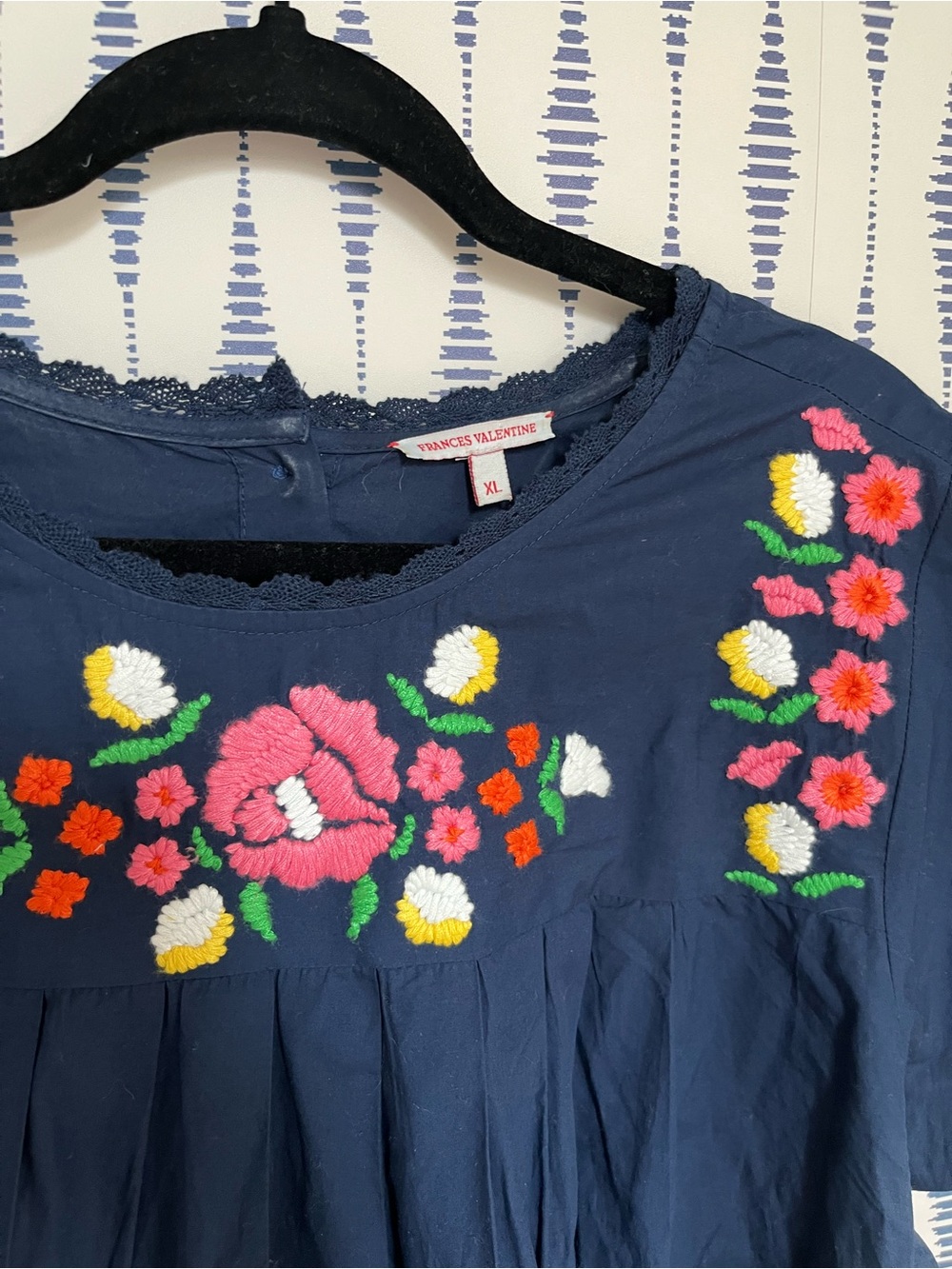 Frances Valentine Embroidered Mexican Folk Art Caftan navy cotton Midi Dress XL - Picture 3 of 8